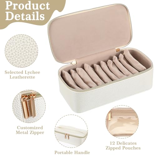 Small Jewelry Travel Case with 12 Velvet Pouches, Travel Jewelry Bag Organizer with Handle for Women Girls, Compact Jewelries Box for Earrings, Bracelets, Necklaces and Rings (White)