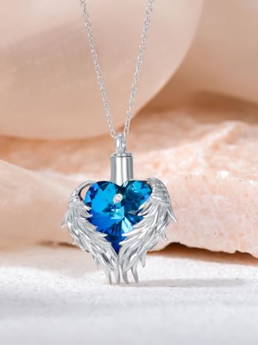 Angel Wing Urn Necklace for Ashes 925 Sterling Silver Amethyst Heart Cremation Necklace w/Funnel Filler Jewelry Gifts for Women