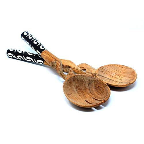 Global Crafts - Olive Wood Salad Serving Set - Twisted Wooden Salad Servers, Handcrafted Utensils