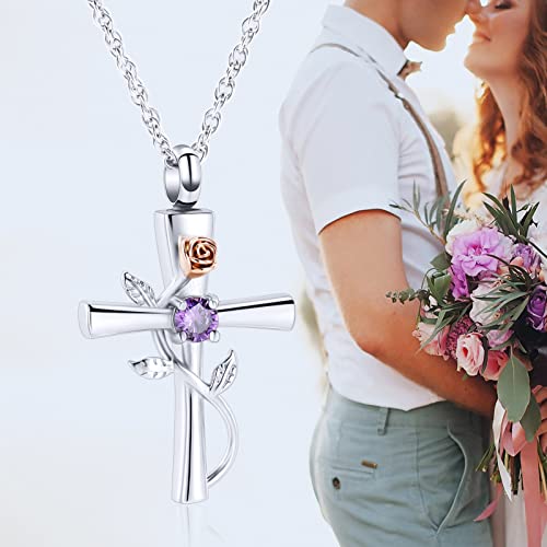 shajwo Cross Urn Necklace for Ashes Birthstone Rose Flower Cremation Jewelry for Women Gilrs Keepsake Memorial Ashes Pendant Purple
