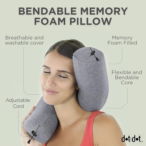 Dot&Dot Twist Memory Foam Travel Pillow for Airplanes - Travel Neck Pillow for Sleeping - Airplane Pillow for Neck Support, Chin, Lumbar and Leg - Adjustable, Bendable Neck Roll Pillow - Gray Ash Adjust (26" w/ cord)
