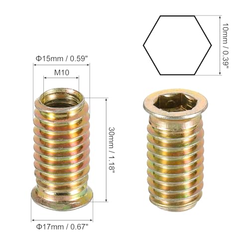 uxcell M10x30mm threaded insert nuts, wood furniture hex socket drive, 25-piece set