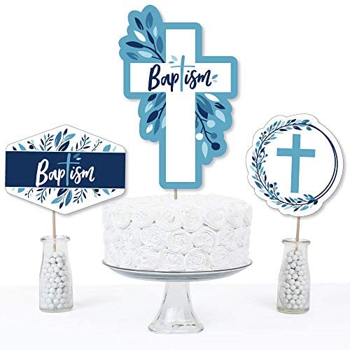 Baptism Blue Elegant Cross Party Centerpiece Sticks - Table Toppers - 15pc
