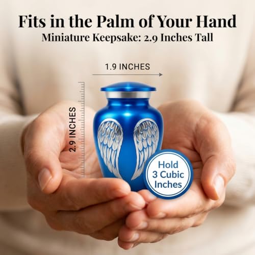 Small Urns for Human Ashes - Handheld Funeral Keepsake & Token Urn for Sharing Portions of Ashes - Blue Memorial Angel Wings Design to Honor a Loved One Small