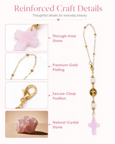 HAYVAN Cross for Car Mirror, 2-Set Rose Quartz Crystal Hanging Charm