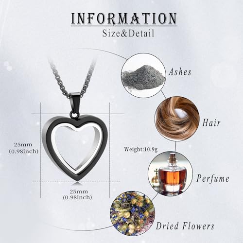 Cremation Jewelry Glass Urn Necklace for Ashes Heart Stainless Steel Ashes Pendant for Women Men Keepsake for Jewelry Memorial Lockets for Ashes black