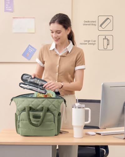 LOVEVOOK Insulated Lunch Bag Women,Puffer Lunch Cooler Box with Utensil Bag Beige Checkered-Corduroy Large - 13L