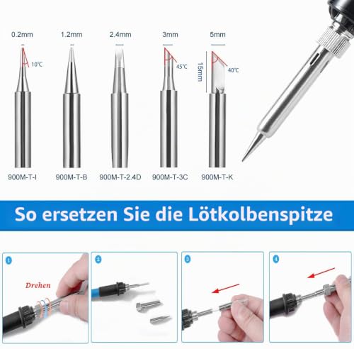 Soldering Iron, 60 W/220 V Soldering Iron Set with Adjustable Temperature Knob 200-450 °C and On/Off Switch, 100 g Solder, 5 Soldering Tips, Desoldering Pump, Soldering Stand with Sponge, PU Bag for Repairs Blue