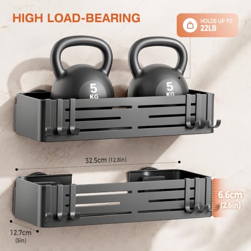 Lekesky Suction Cup Shower Caddy, No Drill Shower Shelf, Aluminum Rust Proof Bathroom Shower Organizer with 12 Hooks (2-Pack, Gunmetal Gray) Gunmetal Grey