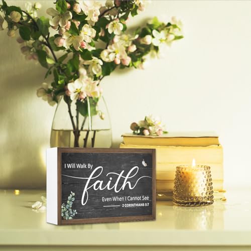 I Will Walk By Faith Wooden Box Sign Decor,2 Corinthians 5:7 Scripture Religious 10.3x6 Inches Wood Block Prayer Sign for Christian Home Office Shelf Wall Decor 2 Corinthians 5:7