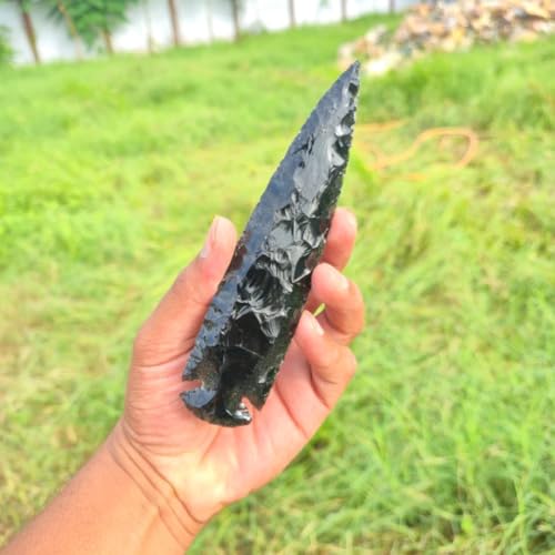6 Inch Large Black Obsidian Arrowhead – Handcrafted Crystal Spearhead Athame – Hand Knapped Volcanic Glass for Protection, Meditation, and Home Decor Authentic Gemstone Point