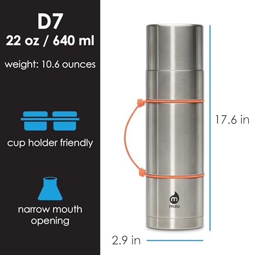 Mizu D7 22 oz. Vacuum Insulated Stainless Steel Bottle Thermos | Narrow Mouth with Leak Proof Cap + Cup Lid, Stainless, One Size