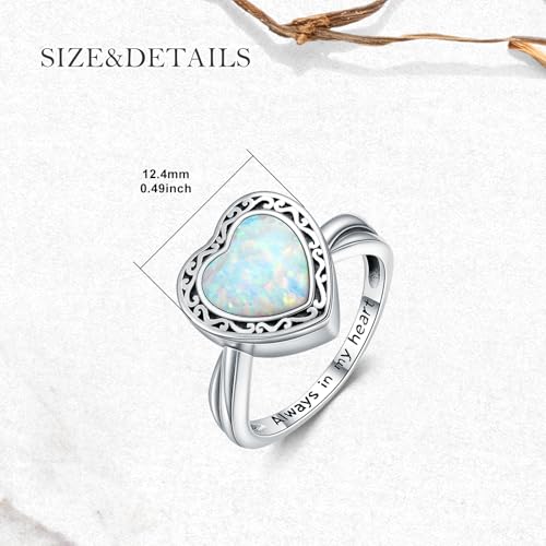 Heart Cremation Ring for Ashes 925 Sterling Silver Opal Urn Keepsake Rings Always in My Heart Memorial Jewelry for Women 5
