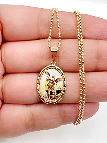 LESLIE BOULES Virgen de Guadalupe Medal Necklace for Women 18K Gold Plated Chain C-San Miguel Arcángel