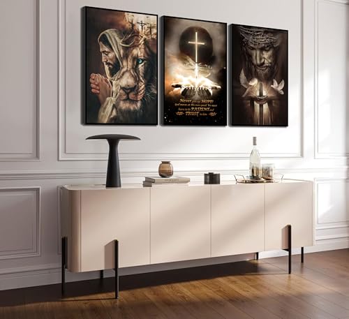Jesus Wall Art Set of 3, Lion and Cross Canvas Prints, Unframed, 16x24 in Jesus Lion Posters 24"Lx16"W