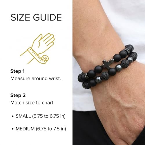 Mens Beaded Bracelets, Cross Bracelet for Men with Hematite Black Obsidian Lava Stone Triple Protection Bracelets for Men Small Skull