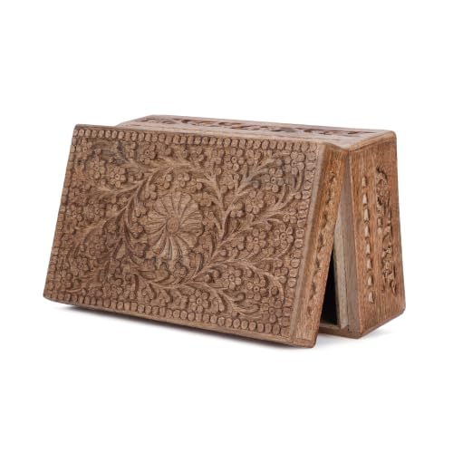 Ajuny Wooden Jewelry Box Flower Carved Decorative Chest Storage 10 Inch