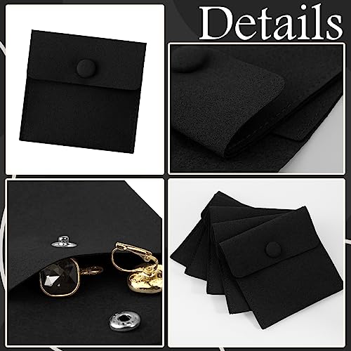 Bonuci Microfiber Jewelry Pouch 8x8cm, Jewelry Packaging Bag Luxury Small Gift Bags Package Snap Button with Divider Microfiber Bag for Bracelet Necklace Packaging Black 80