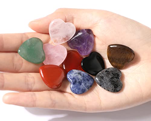 10PCS Heart Shape Crystals Healing Stone Set Bulk Natural Love Heart Amethyst Rose Quartz Carnelian Tiger Eye Obsidian Labradorite Palm Reiki Meditation Crystal Gifts for Women 0.8" Multicolor-10pcs