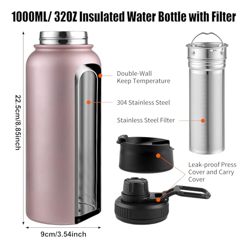 Sivaphe Infuser Water Bottle with Removable Strainer for loose leaf Tea 18/8 Stainless Steel 32 oz Insulated Tea Tumbler Gift for Women Rosegold 32 Ounces