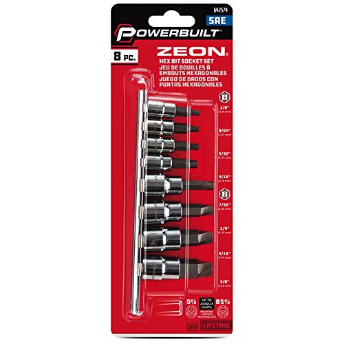 Powerbuilt 8-piece Zeon SAE hex bit socket set, 1/8 to 3/8 inch, for standard and damaged fasteners