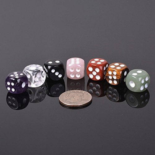 Dice 7 Chakras Colors Natural Gemstone Crystal 15mm Amethyst + Tiger Eye + Obsidian + Clear Quartz + Rose Quartz + Red Jasper + Aventurine (Pack of 7)