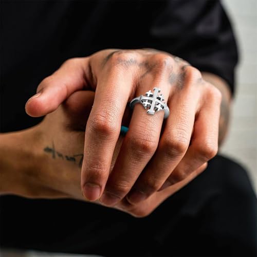 Flongo Men’s Jerusalem Cross Ring: Gold Christian Signet Ring Religious Jewellery Knights Templar Symbol Faith Strength Courage Gift for Men Church Baptism Easter Christmas Religious Style - Size 8 Silver&10
