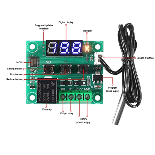 4PCS W1209 12V DC Digital Temperature Controller Board with Case LED Display -50~110°C Electronic Temperature Control Module Switch Micro Thermostat with Waterproof NTC Probe 4PCS x Blue