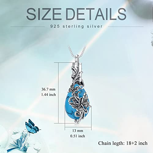 Butterfly Urn Necklace for Ashes for Women 925 Sterling Silver Oxidation Turquoise Teardrop Cremation Jewellry Memorial with Funnel Filler