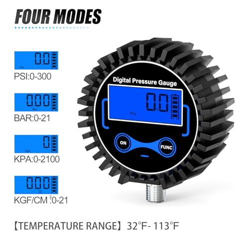 MEANLIN MEASURE 0-300 PSI digital pressure gauge with rubber cover, lower mount, and NPT hex bushings