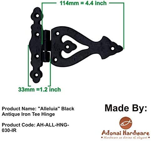 Adonai Hardware Alleluia Antique Cast Iron Vintage Heavy Duty T Hinges (5.3" x 2 Pack, Matte Black) for Barn Doors, Gates, Cabinets, Wardrobes, Sheds, Windows, Wooden Box, Chest and Trunks 5.3 Inch x 2 Pack (T Hinge) Matte Black (Iron)