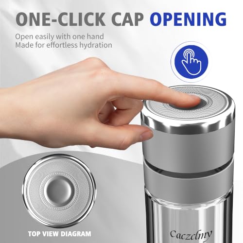 16oz Glass Tea Infuser Bottle, One-Hand Open Double Wall Glass Silver 16oz