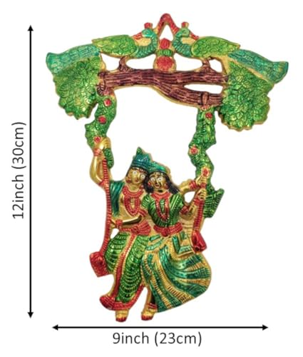 Purpledip Metal Wall Hanging Radha Krishna On Swing: Colorful Plaque For Home Temple (12185)