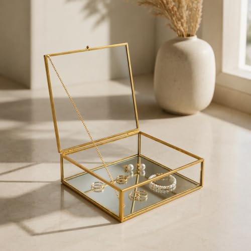 ZMG Vintage Glass Keepsake Box Gold Jewelry Display Case With Chain Lid Square Mirror