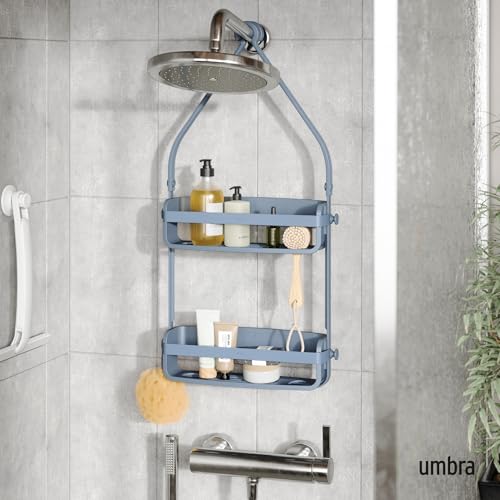 Umbra Flex Shower Caddy hanging bathroom organizer with two slate blue shelves for storing toiletries