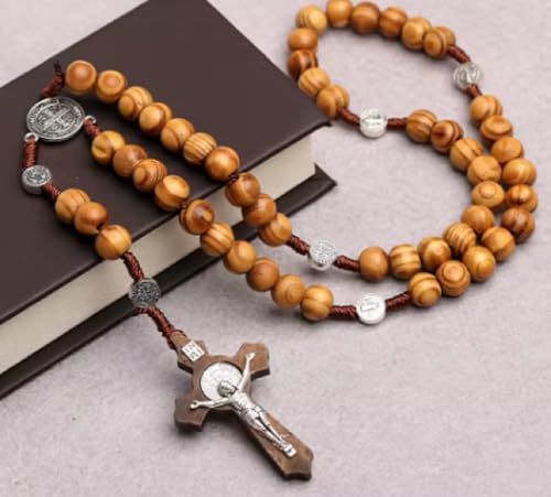 Rosary Beads with Jesus Christ on Cross St Saint Brigid Pendant Necklace Wooden Style Beads v3