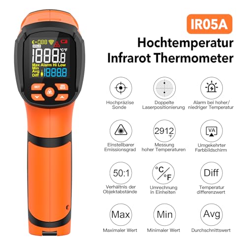 Infrared Thermometer MESTEK -40°C to 1600°C High Temperature Digital Laser Temperature Meter with K-Probe IR Pyrometer Non-Contact LCD Alarm Adjustable Emissivity for Kitchen Industry IR05A-Orange