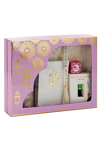 ihvan online Islamic Prayer Gift Box, Muslim Prayers Rug, Yaseen Book, Prayer Beads Tesbih, Solid Smell, Ravza Scent, 6 Piece Prayers Mat Set for Ramadan, Eid Gifts, Pink/Set 1 Pink / Set 1