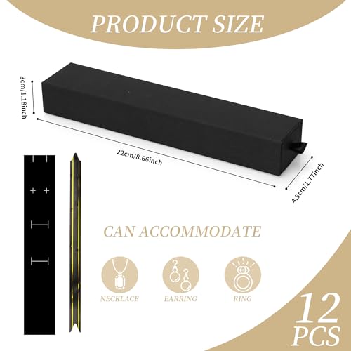 12-Pack Drawer Style Jewelry Gift Boxes with Sponge Insert, 8.7"x1.8"x1.2" Necklace & Bracelet Display Box for Presentation, Cardboard Storage Organizer for Pendant, Ring, Earring - Black