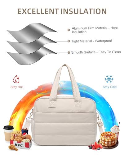 Lunch Tote Bag for Women Work, 15.6 Inch Laptop Purse with Insulated Lunch Compartment Coin Wallet for Meal, Large Puffy Quilted Travel Duffle Bag Medium-15.4" Beige