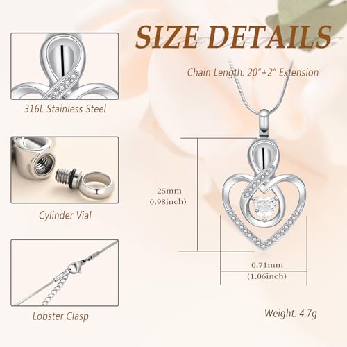 Minicremation Cremation Heart Urn Necklace Ashes Jewelry for Women,Birthstone Locket Keepsake Pendant infinitely Heart Memorial Locket Ash Holder for Human/Pet Silver-White