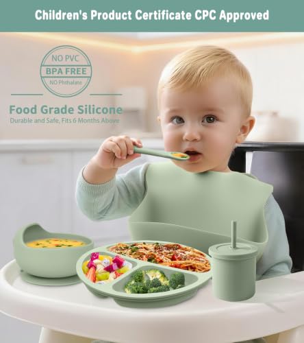 Silicone Baby Feeding Set, BPA Free Baby Dishes Set with Suction Bowl Divided Plate, Adjustable Bib, Soft Spoons and Forks, Cup, Travel Bag, BPA-free, Microwave and Dishwasher Safe, 6 month+ (Green) Dark Green