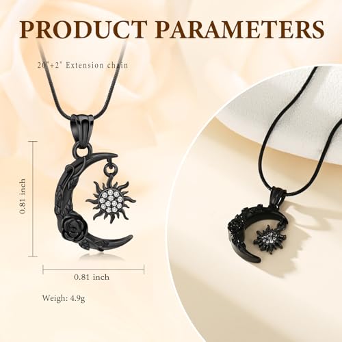 Crescent Moon and Sun Rose Urn Necklace Cremation Jewelry for Human Ashes for Women Men Memorial Ashes Keepsake Pendant Black
