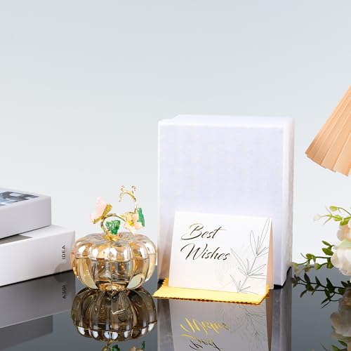 Crystal Pumpkin Ring Jewelry Box - Champagne Pumpkin Collectible Figurines Glass Paperweight Tabletop for Fall Harvest Thanksgiving Halloween Home Decor Gifts for Her Women Mom Girlfriend Wife