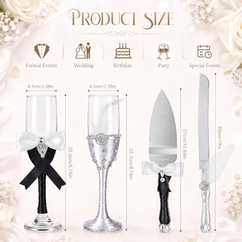 Domensi 4 Pcs Wedding Cake Knife Server Set, Black White Bride Groom