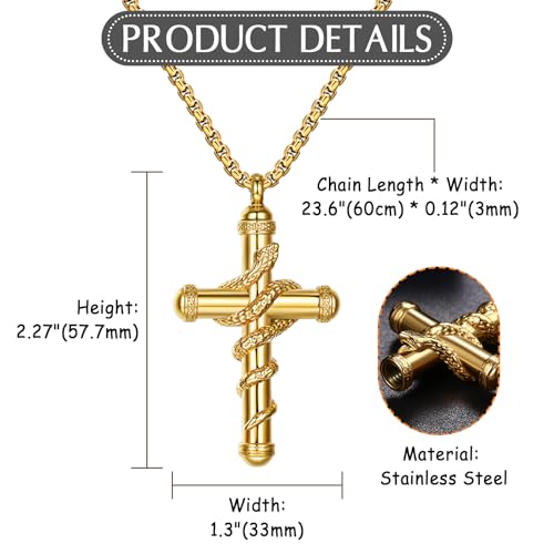 OIDEA Snake Cross Urn Necklaces for Ashes: Men Women Openable Stash Necklace with Spoon Ashes Necklace Memorial Keepsake Cremation Jewelry for Human Ashes 1. gold