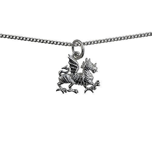 Silver 15x11mm Welsh Dragon Pendant with a 1.3mm wide curb Chain 45.0 Centimetres