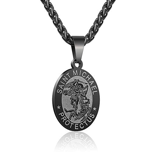 Zocomi Catholic First Communion Confirmation Gifts for Boys Men,Saint Christopher/Michael/Anthony/Jude/Joseph Medal Necklace，Oval Saint Patron Medal Religious Amulet Gifts Black St. Michael