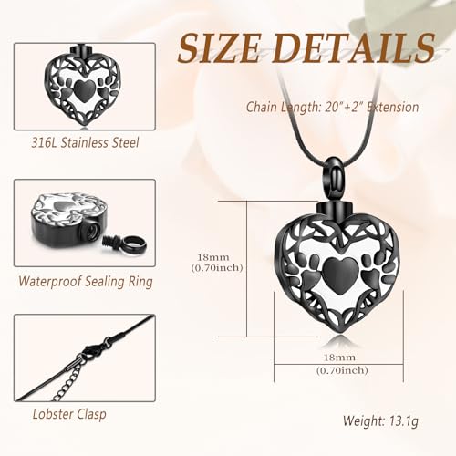 Minicremation Cremation Jewelry Heart Urn Necklace for Ashes with Double Paw Print Stainless Steel Love Heart Necklaces Memorial Ash Pendant Keepsake Jewelry Black