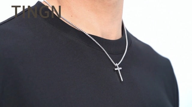 TINGN Stainless Steel Cross Pendant Necklace for Men Boys, Silver Tone Chain Cross Necklace Christian Confirmation Baptism Cross Chain with 16-24 Inches Jewelry 18 inch